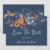 Blauwe en Oranje Wildbloemen Bewaar de Datumkaarte Kaart (Voorkant / Achterkant)