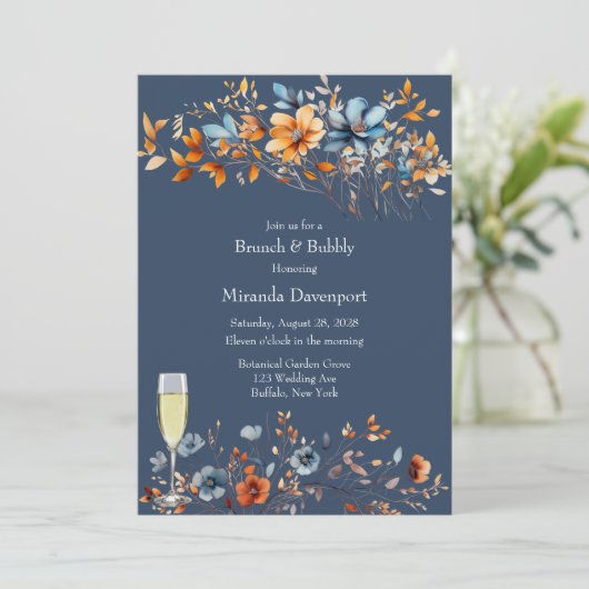 Blauwe en Oranje Wildbloemen Brunch en Bubbly Kaart (Staand voorkant)