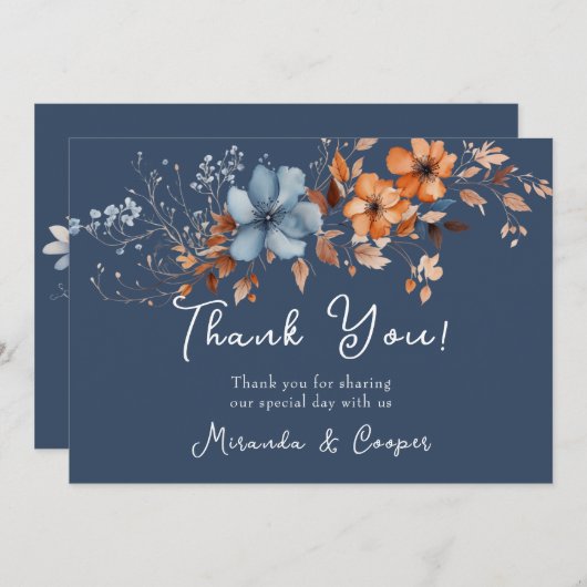 Blauwe en Oranje Wildbloemen Dank u Kaarten (Voorkant / Achterkant)