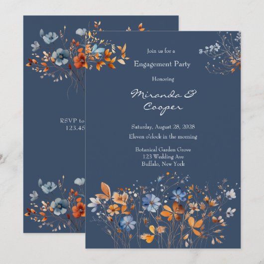Blauwe en Oranje Wildbloemen Verlovingsfeest Kaart (Voorkant / Achterkant)