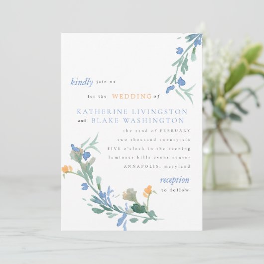 Blauwe en Oranje wilde bloem kleurrijke bruiloft i Kaart (Staand voorkant)