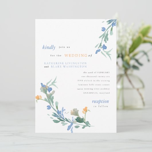 Blauwe en Oranje wilde bloemen kleurrijke bruiloft Kaart (Staand voorkant)