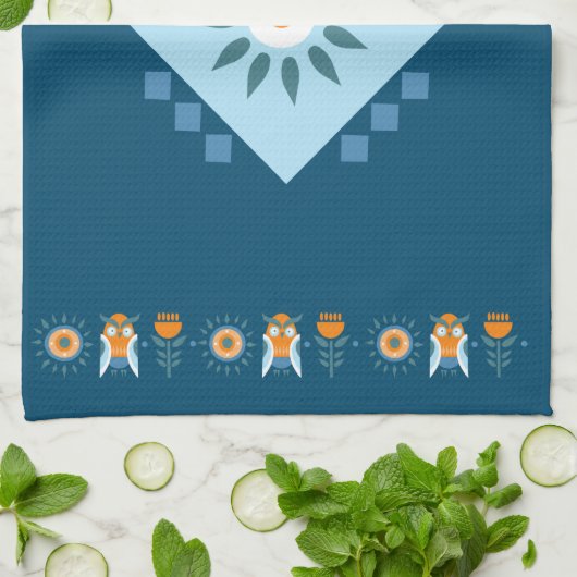 Blauwe en Oranje zonnebloemen Theedoek (Gevouwen)