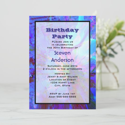 Blauwe en Paarse Abstracte verjaardagsfeestuitnodi Kaart (Staand voorkant)