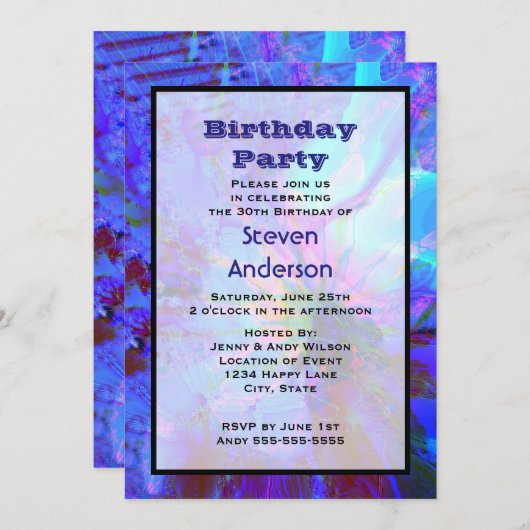 Blauwe en Paarse Abstracte verjaardagsfeestuitnodi Kaart (Voorkant / Achterkant)