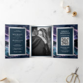Blauwe en Paarse Agate Knikker QR Code Huwelijk Drieluik Uitnodiging (Binnen)