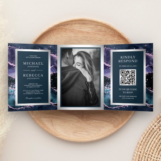Blauwe en Paarse Agate Knikker QR Code Huwelijk Drieluik Uitnodiging