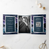 Blauwe en Paarse Agate Marble QR Code Wedding Drieluik Uitnodiging (Binnen)