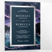 Blauwe en Paarse Agate Marble QR Code Wedding Drieluik Uitnodiging (Binnenzijde eerst)