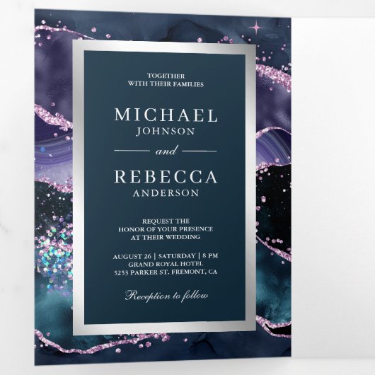 Blauwe en Paarse Agate Marble QR Code Wedding Drieluik Uitnodiging (Binnenzijde eerst)