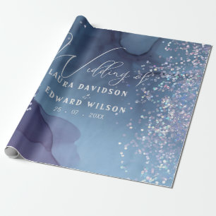 Blauwe en paarse alcoholinkt met glitter mystic cadeaupapier
