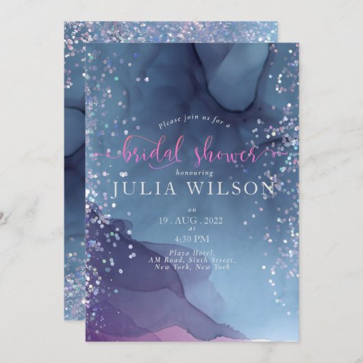 Blauwe en paarse alcoholinkt met glitter mystic kaart (Voorkant / Achterkant)