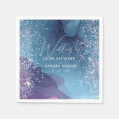 Blauwe en paarse alcoholinkt met glitter mystic servet (Voorkant)