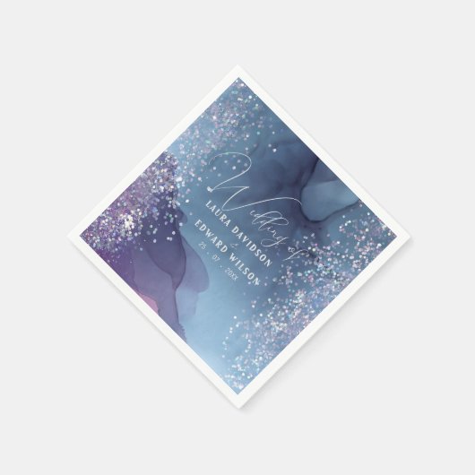 Blauwe en paarse alcoholinkt met glitter mystic servet (Hoek)