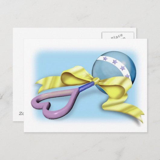 Blauwe en Paarse Baby Rattle Briefkaart (Voorkant / Achterkant)