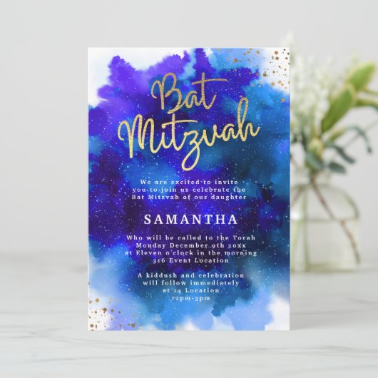Blauwe en Paarse Bat Mitswa-uitnodiging Kaart (Staand voorkant)