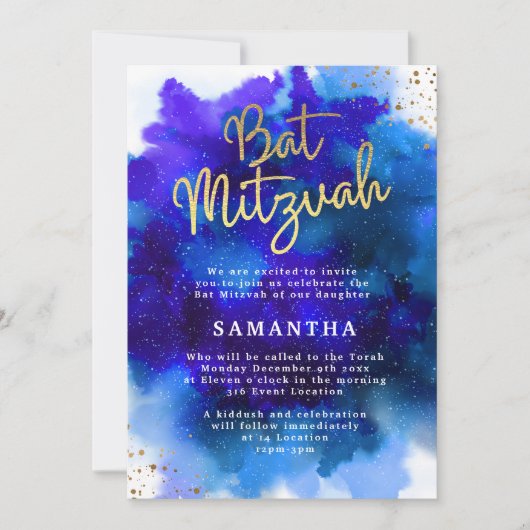 Blauwe en Paarse Bat Mitzwa Uitnodiging (Voorkant)