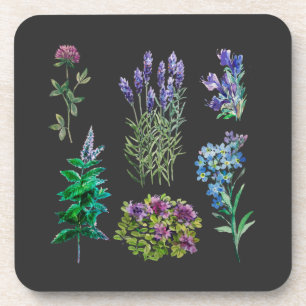 Blauwe en paarse bloemen in waterverven bier onderzetter