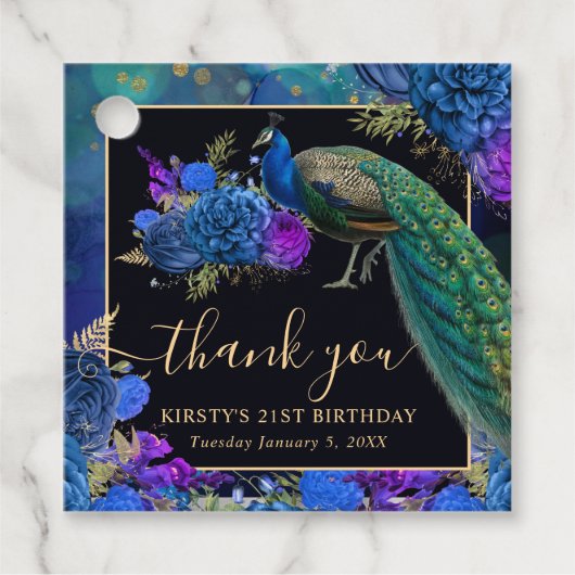 Blauwe en Paarse Bloemen Pauw Verjaardag Bedankjes Labels (Voorkant)