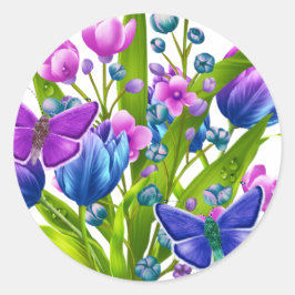 Blauwe en Paarse Bloemen Sticker met Vlinders
