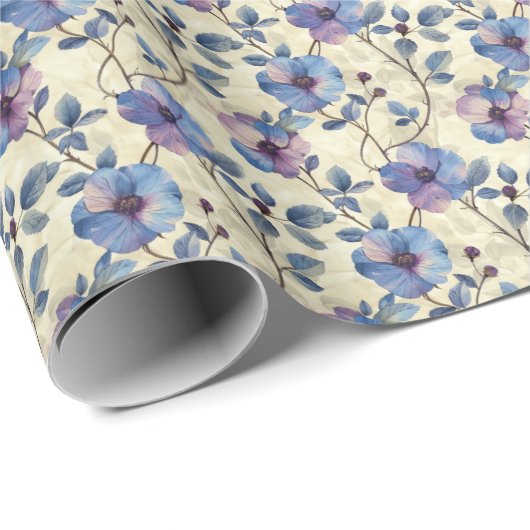 Blauwe en Paarse Bloemen Verjaardag Gift Wrap Wrap Cadeaupapier (Rol Hoek)