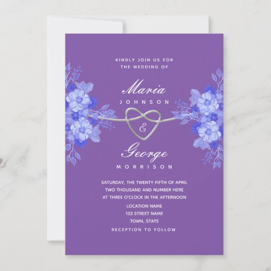 Blauwe en Paarse bloemenbruiloft Kaart (Voorkant)