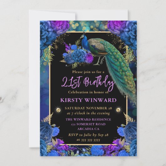Blauwe en Paarse Bloemenpauw 21e verjaardag Kaart (Voorkant)