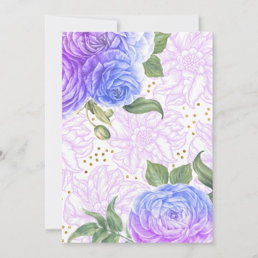 Blauwe en Paarse Bloemrijke Gouden Confetti Verjaa Kaart (Achterkant)