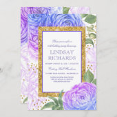 Blauwe en Paarse Bloemrijke Gouden Confetti Verjaa Kaart (Voorkant / Achterkant)