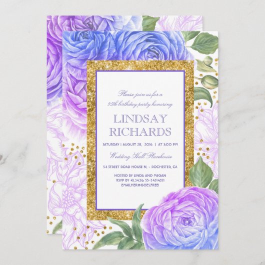 Blauwe en Paarse Bloemrijke Gouden Confetti Verjaa Kaart (Voorkant / Achterkant)