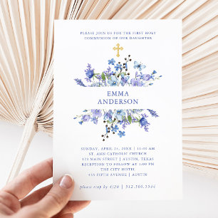 Blauwe en Paarse Boho Bloemen Eerste Heilige Com Kaart