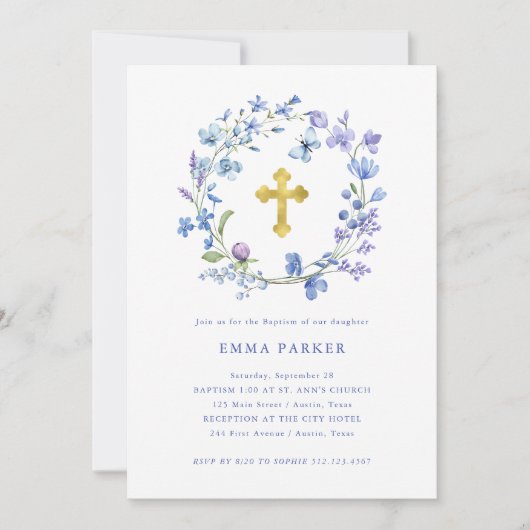 Blauwe en Paarse Boho krans en kruis | doop Kaart (Voorkant)