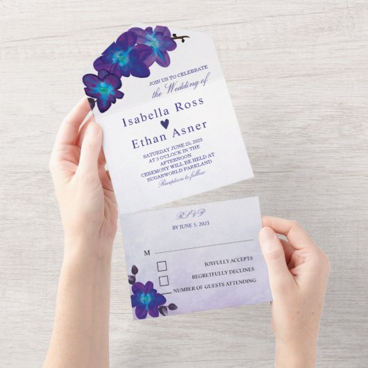 Blauwe en Paarse bruiloft All In One Uitnodiging (Afscheurbaar)