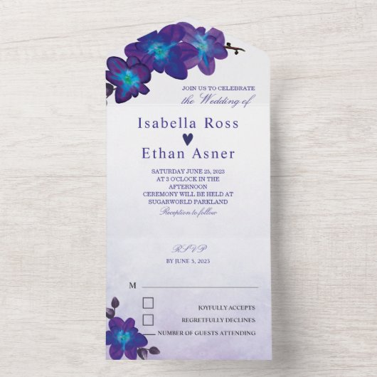 Blauwe en Paarse bruiloft All In One Uitnodiging (Binnen)