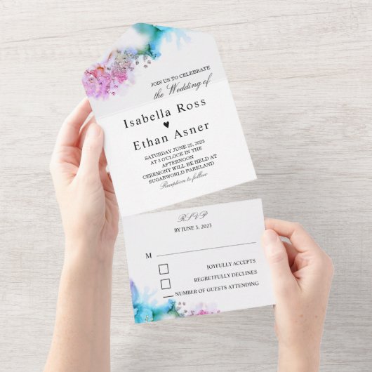 Blauwe en Paarse bruiloft All In One Uitnodiging (Afscheurbaar)