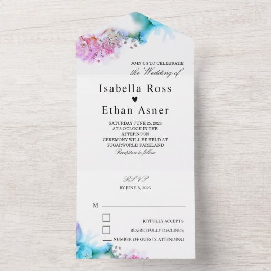 Blauwe en Paarse bruiloft All In One Uitnodiging (Binnen)