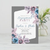 Blauwe en Paarse Floral Grey Engagement Party Kaart (Staand voorkant)