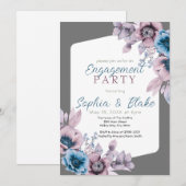 Blauwe en Paarse Floral Grey Engagement Party Kaart (Voorkant / Achterkant)