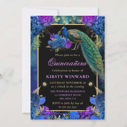 Blauwe en Paarse Floral Peacock Quinceanera Kaart (Voorkant)