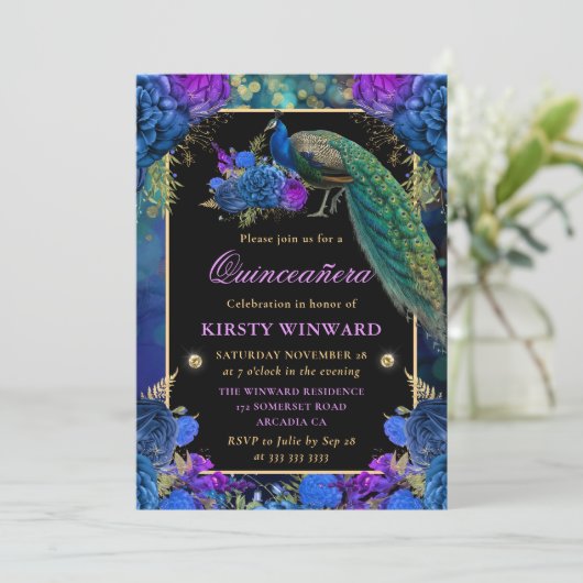 Blauwe en Paarse Floral Peacock Quinceanera Kaart (Staand voorkant)