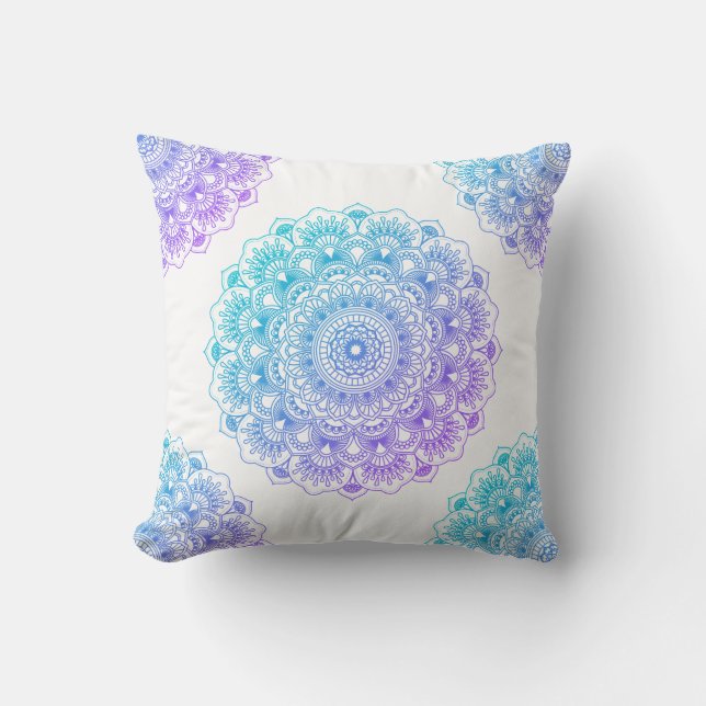 Blauwe en paarse florale mandala op witte achtergr kussen (Voorkant)