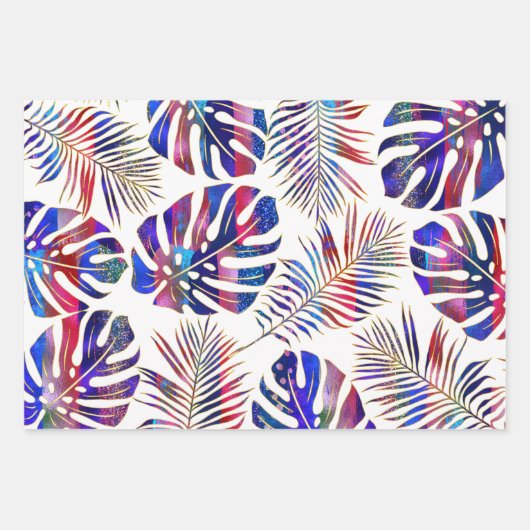 Blauwe en paarse gepatterde tropische bladeren die inpakpapier vel (Voorkant 2)