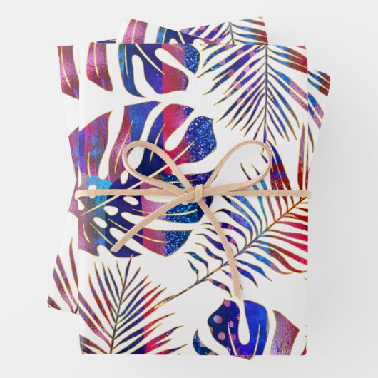 Blauwe en paarse gepatterde tropische bladeren die inpakpapier vel (In situ)