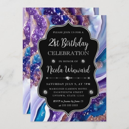 Blauwe en Paarse Glitter Marmeren Agaat 21e Verjaa Kaart (Voorkant / Achterkant)