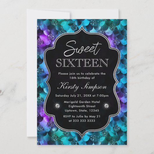Blauwe en Paarse Glitter Mermaid Scales Sweet 16 Kaart (Voorkant)