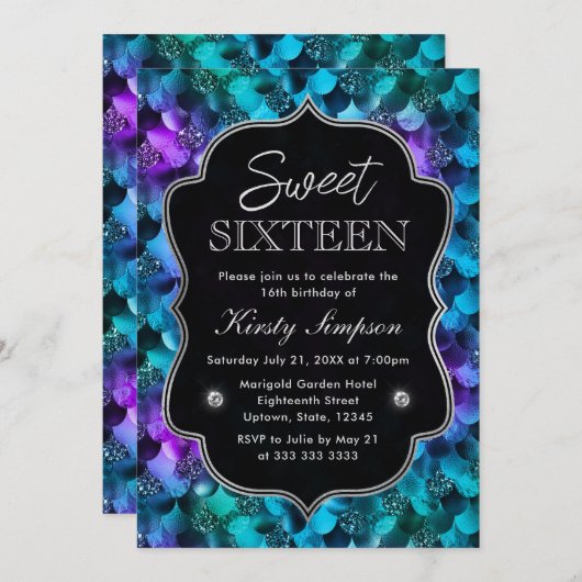 Blauwe en Paarse Glitter Mermaid Scales Sweet 16 Kaart (Voorkant / Achterkant)