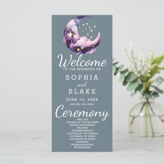 Blauwe en Paarse Halve Maan Trouwprogramma (Staand voorkant)