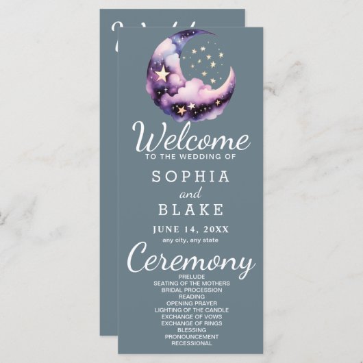 Blauwe en Paarse Halve Maan Trouwprogramma (Voorkant / Achterkant)