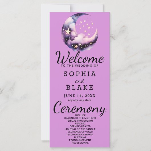 Blauwe en Paarse Halve Maan Trouwprogramma (Voorkant)