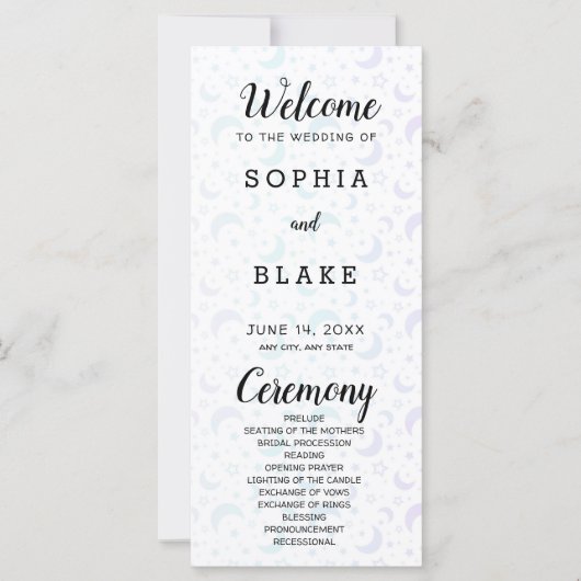 Blauwe en Paarse Halve Maan Trouwprogramma (Voorkant)